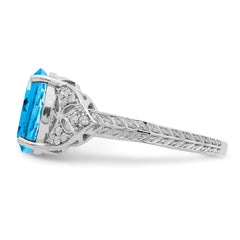 Sterling Silver Rhodium Oval Blue Topaz & Diamond Ring