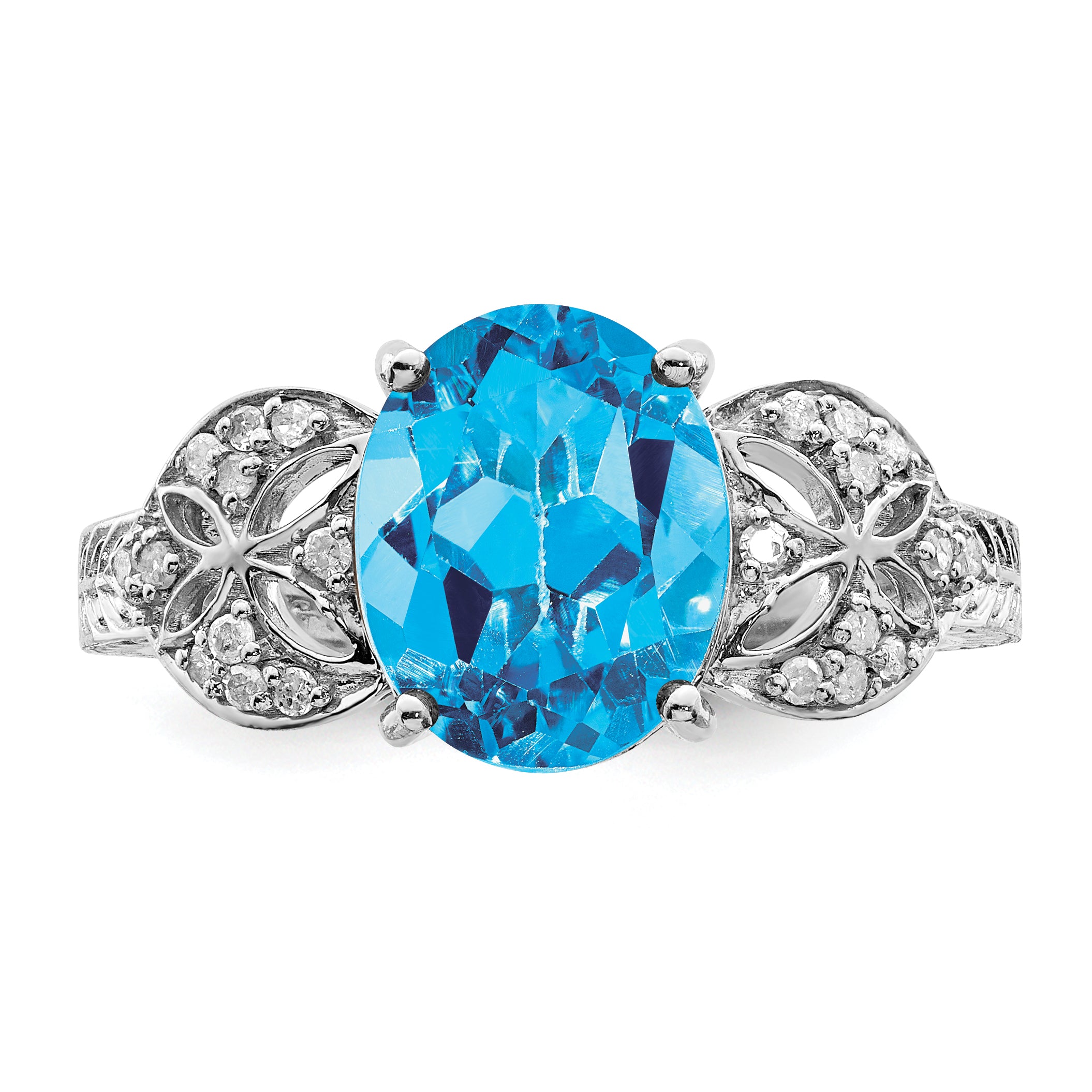 Sterling Silver Rhodium Oval Blue Topaz & Diamond Ring