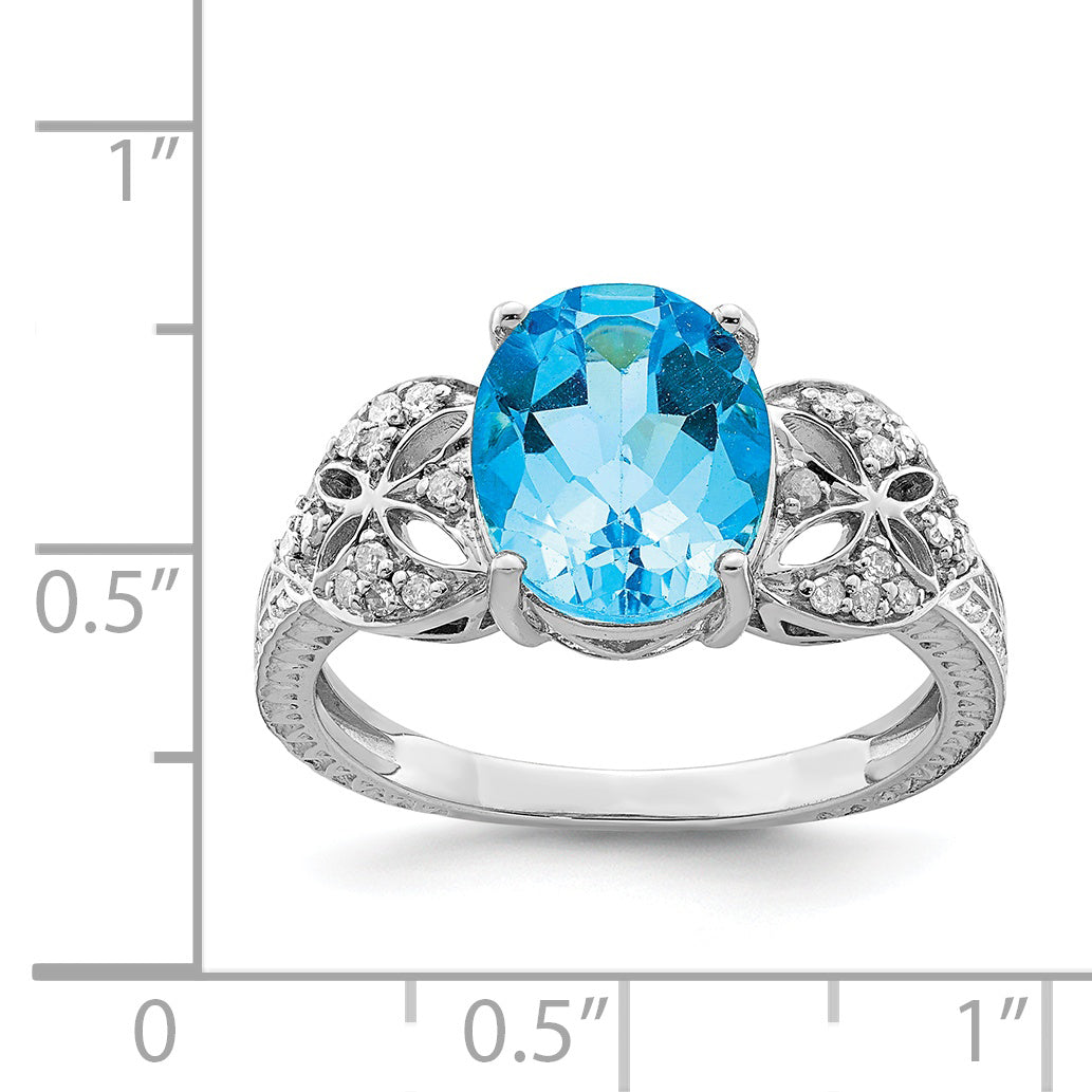 Sterling Silver Rhodium Oval Blue Topaz & Diamond Ring