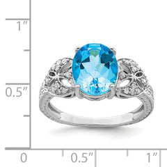 Sterling Silver Rhodium Oval Blue Topaz & Diamond Ring