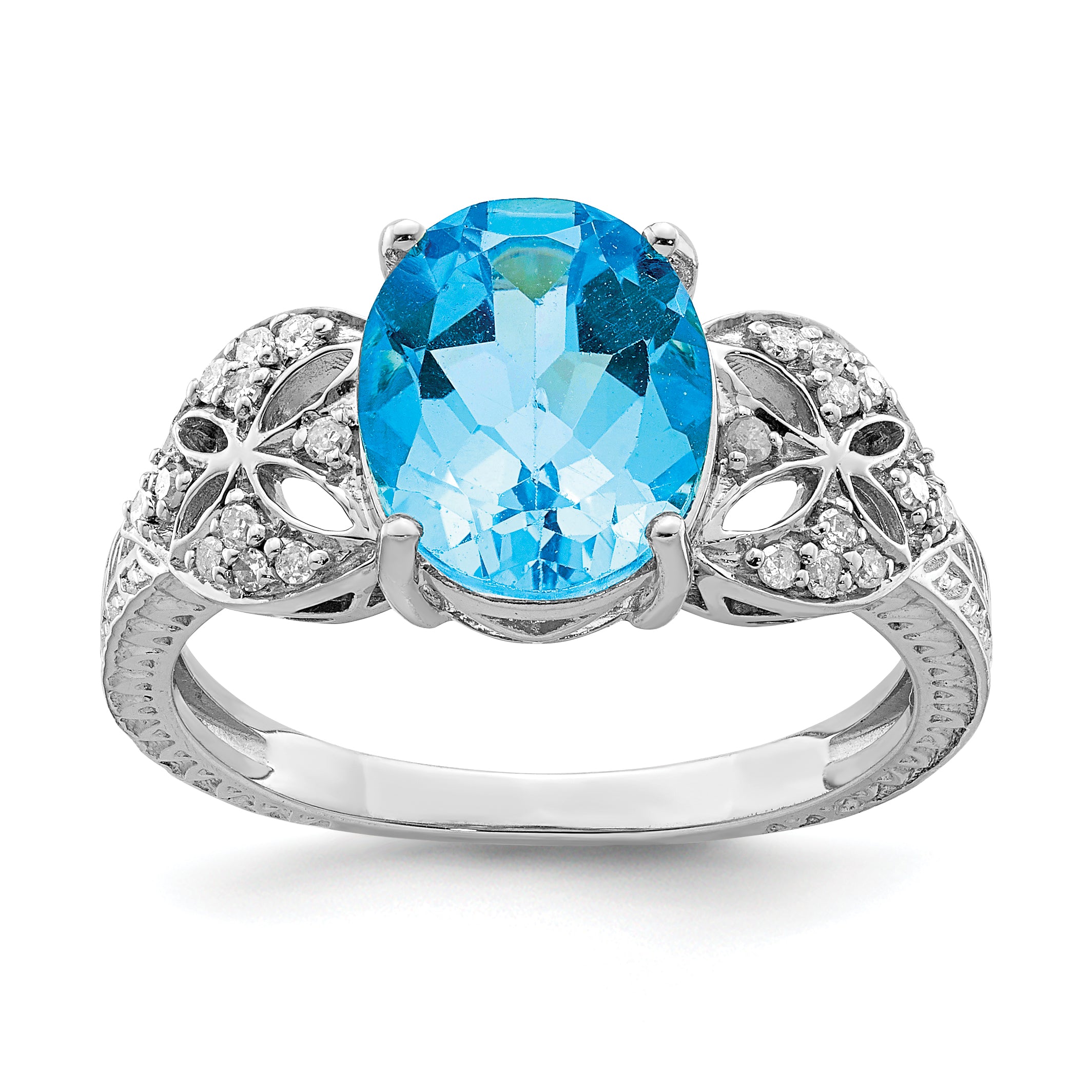 Sterling Silver Rhodium Oval Blue Topaz & Diamond Ring