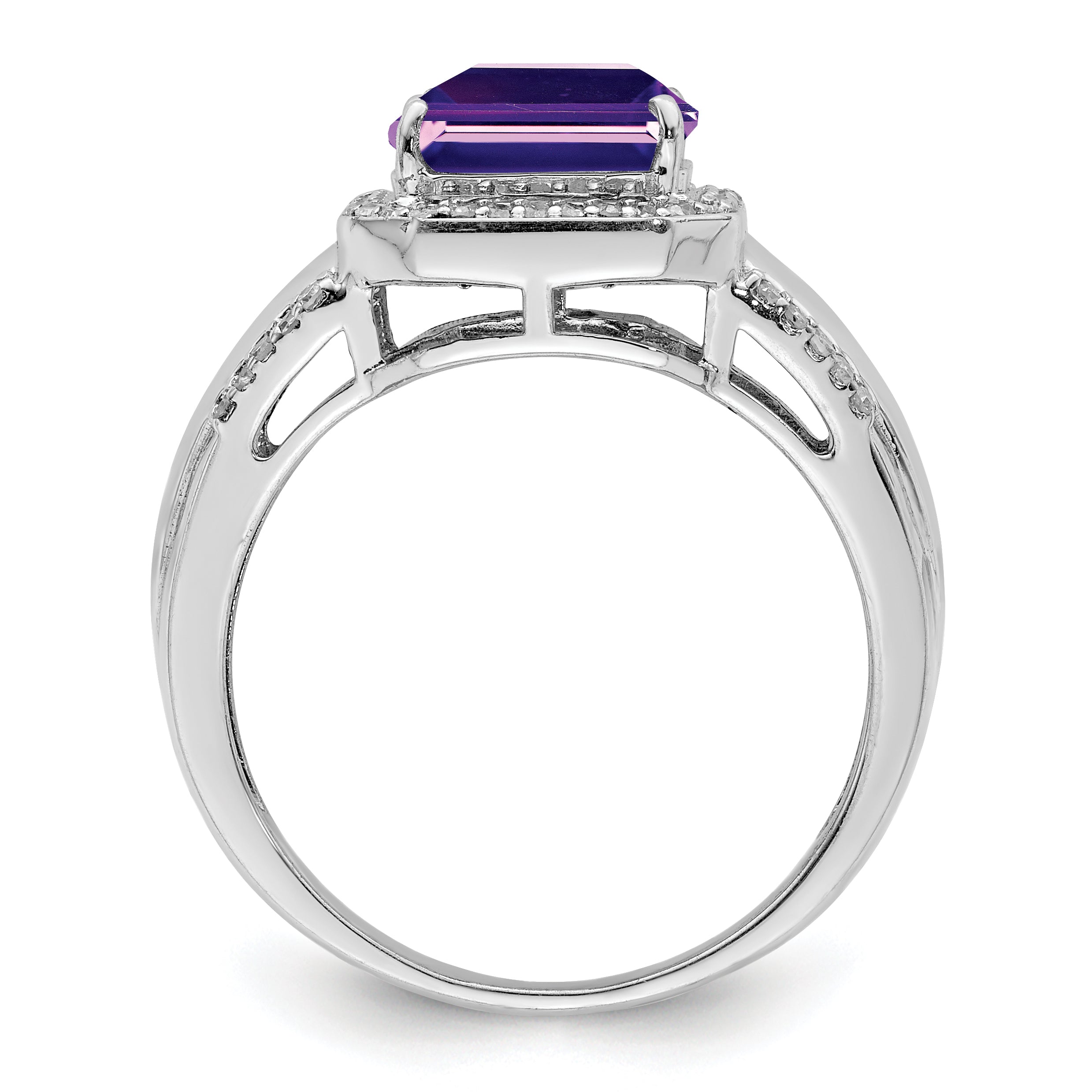 Sterling Silver Rhodium-plated Square Amethyst & Diamond Ring