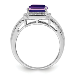 Sterling Silver Rhodium-plated Square Amethyst & Diamond Ring