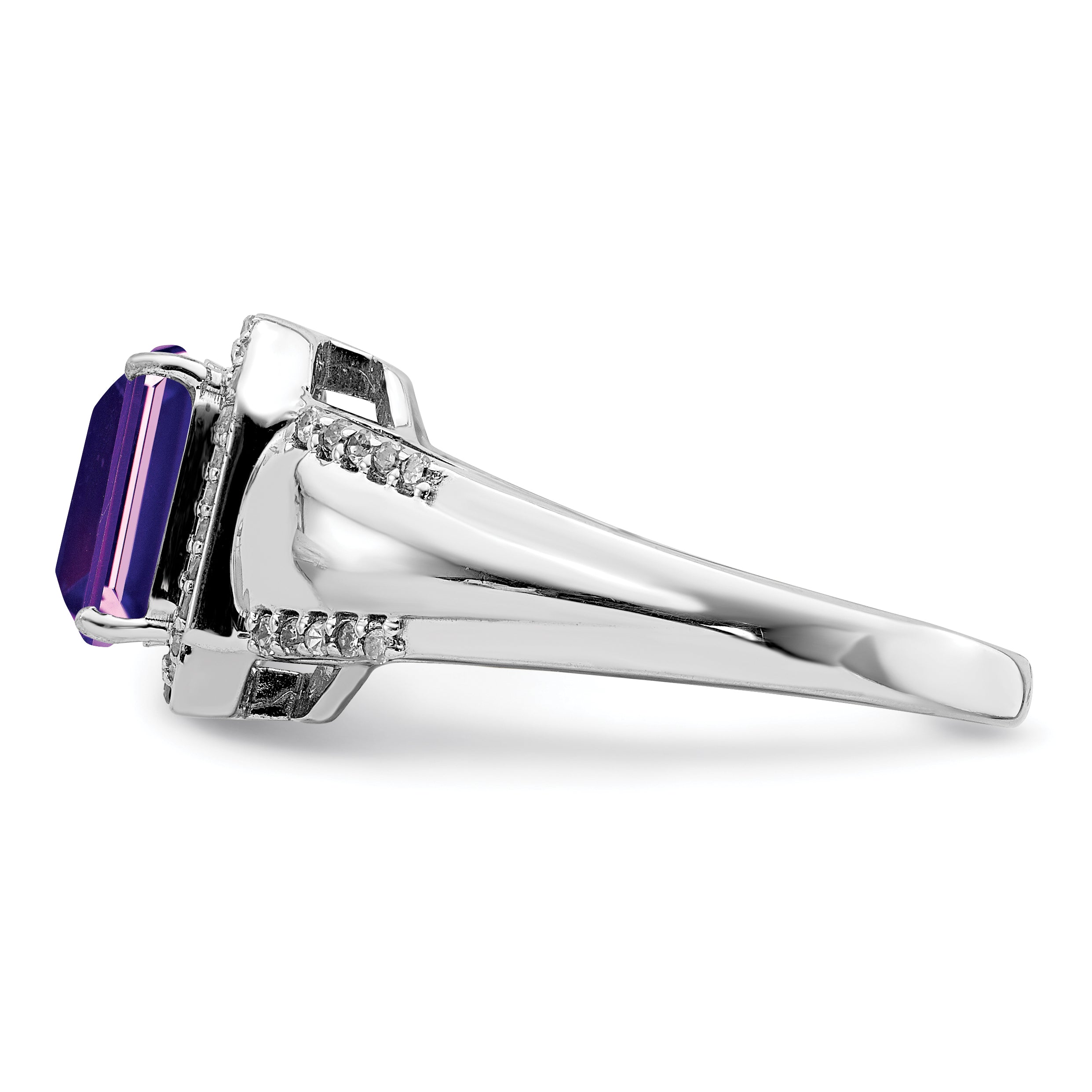 Sterling Silver Rhodium-plated Square Amethyst & Diamond Ring