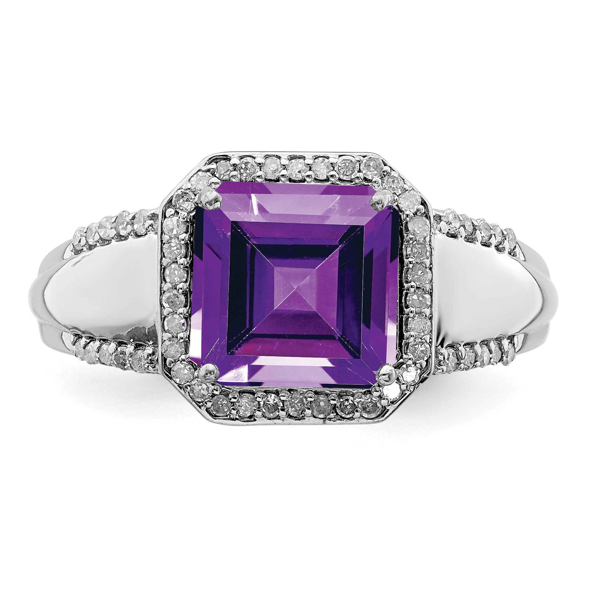 Sterling Silver Rhodium-plated Square Amethyst & Diamond Ring