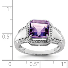 Sterling Silver Rhodium-plated Square Amethyst & Diamond Ring