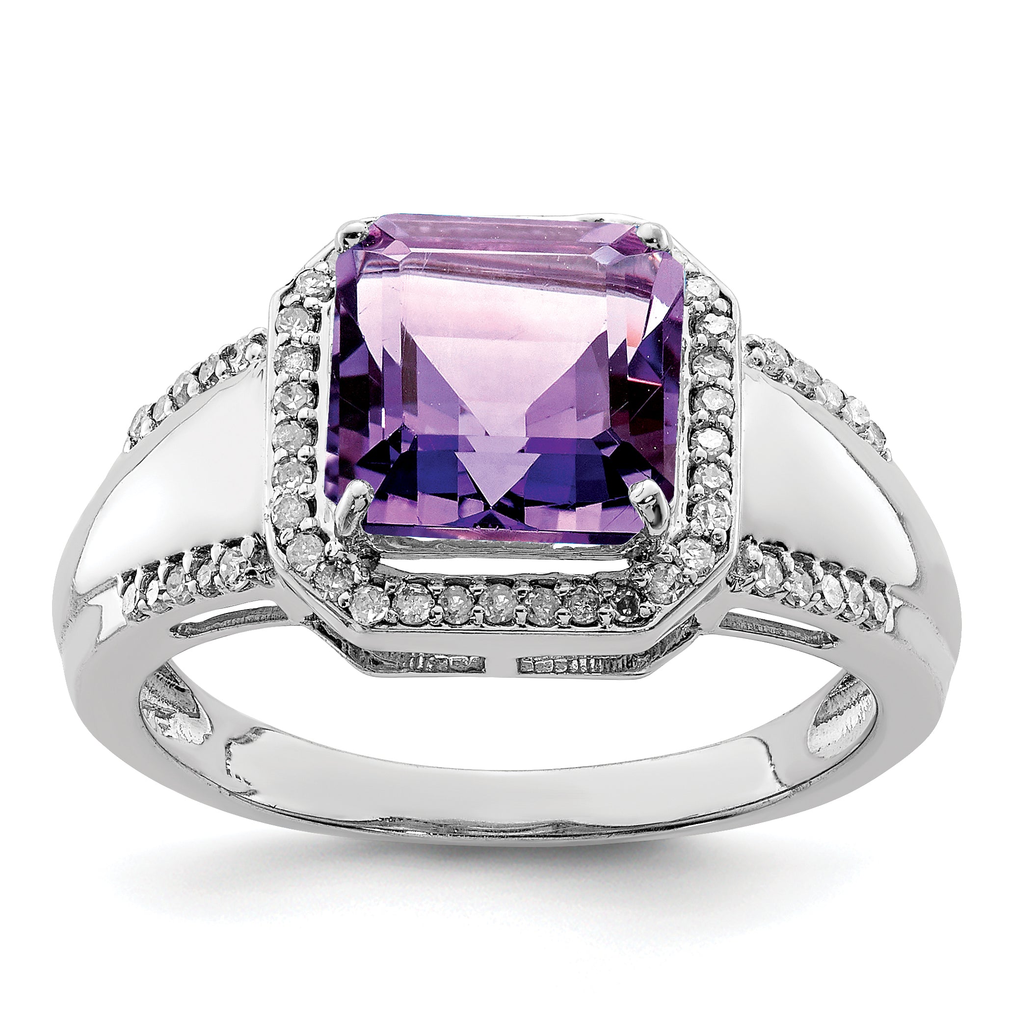 Sterling Silver Rhodium-plated Square Amethyst & Diamond Ring