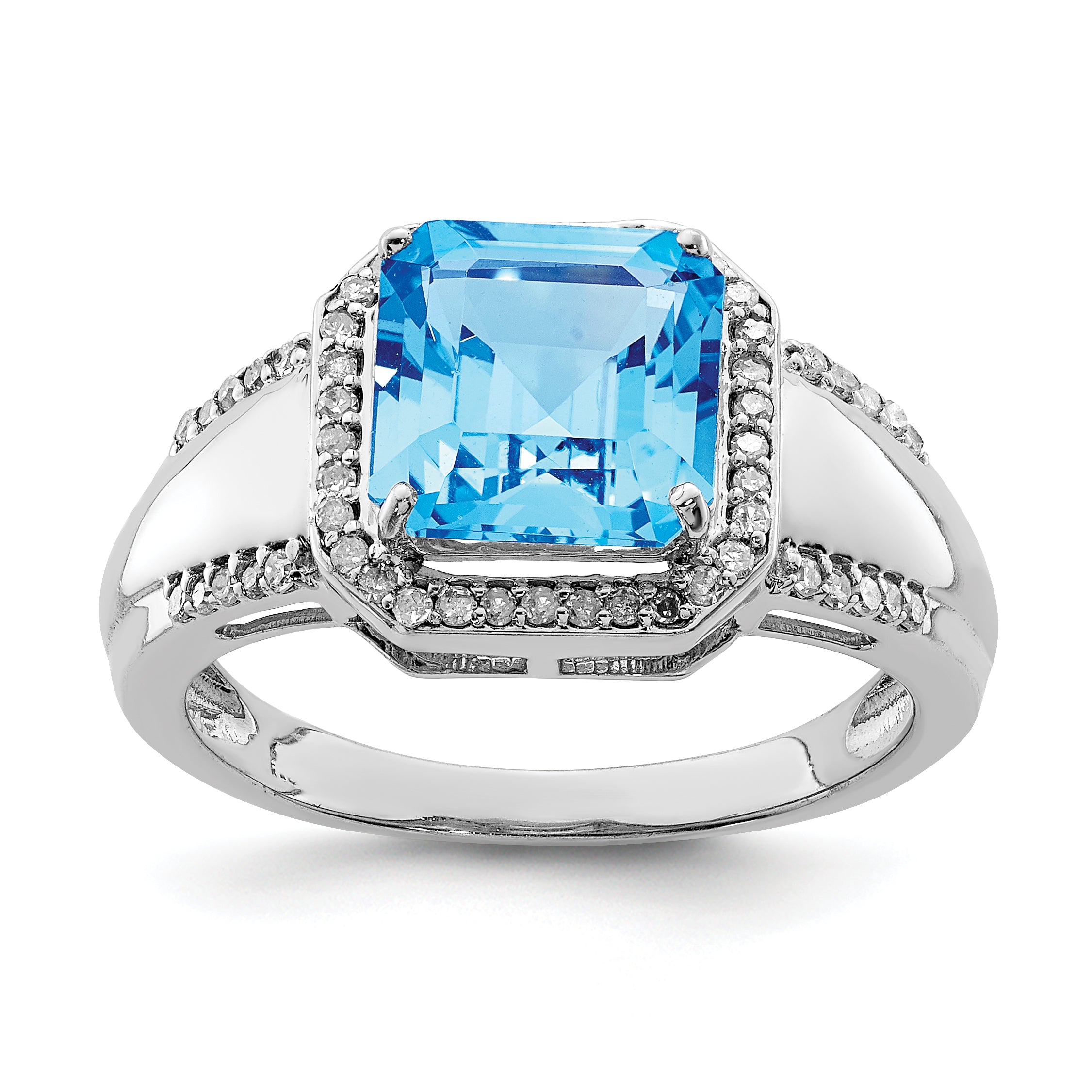 Sterling Silver Rhodium Square Blue Topaz & Diamond Ring