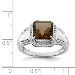 Sterling Silver Rhodium Diamond & Smoky Quartz Ring