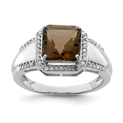 Sterling Silver Rhodium Square Diamond & Smoky Quartz Ring