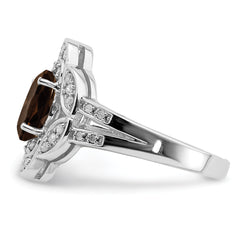 Sterling Silver Rhodium Oval Diamond & Smoky Quartz Ring