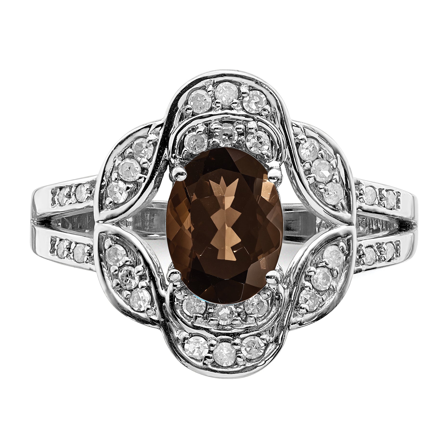 Sterling Silver Rhodium Oval Diamond & Smoky Quartz Ring