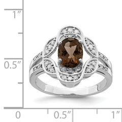 Sterling Silver Rhodium Oval Diamond & Smoky Quartz Ring