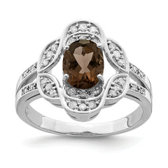 Sterling Silver Rhodium Oval Diamond & Smoky Quartz Ring