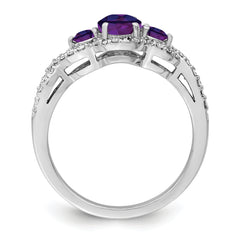 Sterling Silver Rhodium-plated Oval Amethyst & Diamond Ring