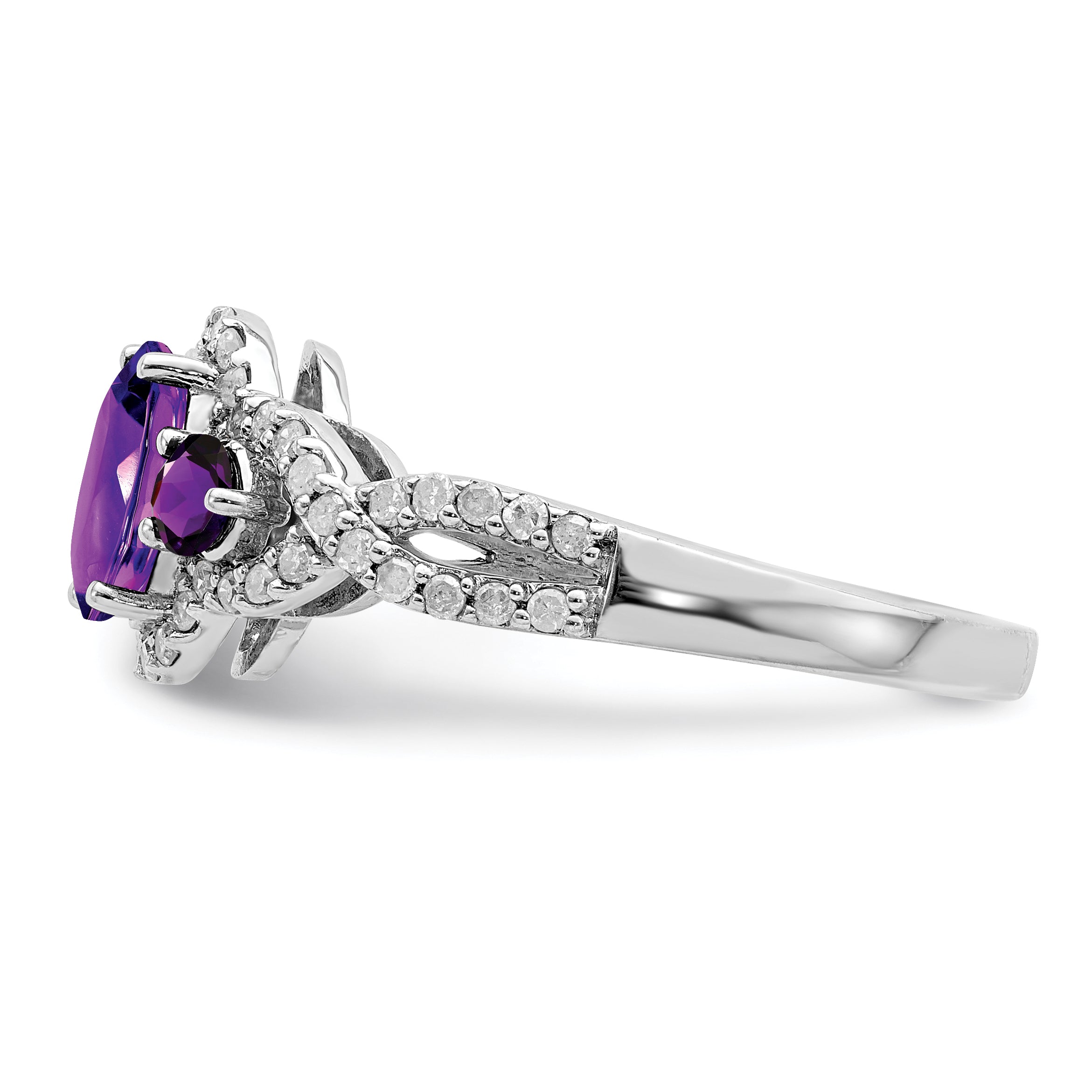 Sterling Silver Rhodium-plated Oval Amethyst & Diamond Ring