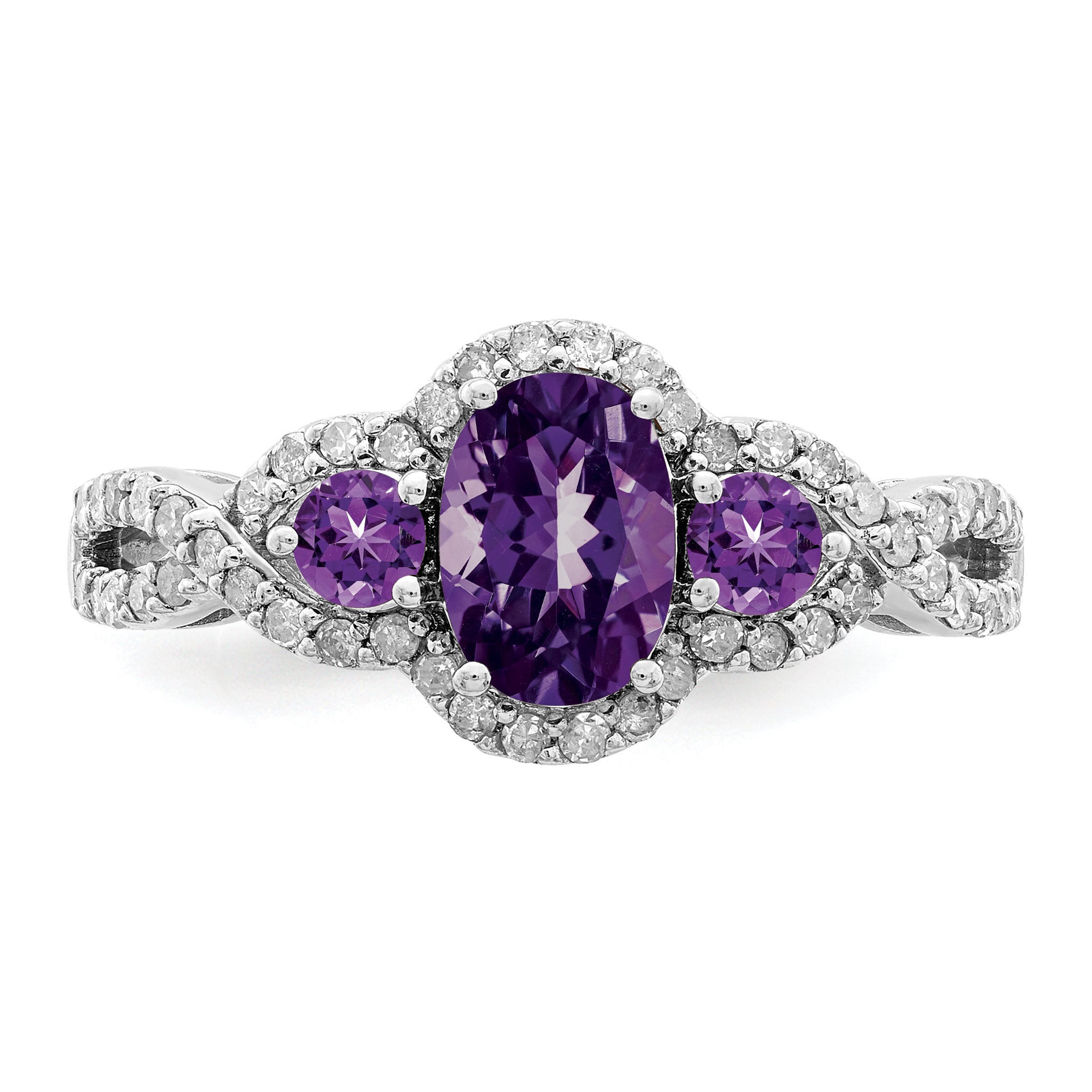 Sterling Silver Rhodium-plated Oval Amethyst & Diamond Ring