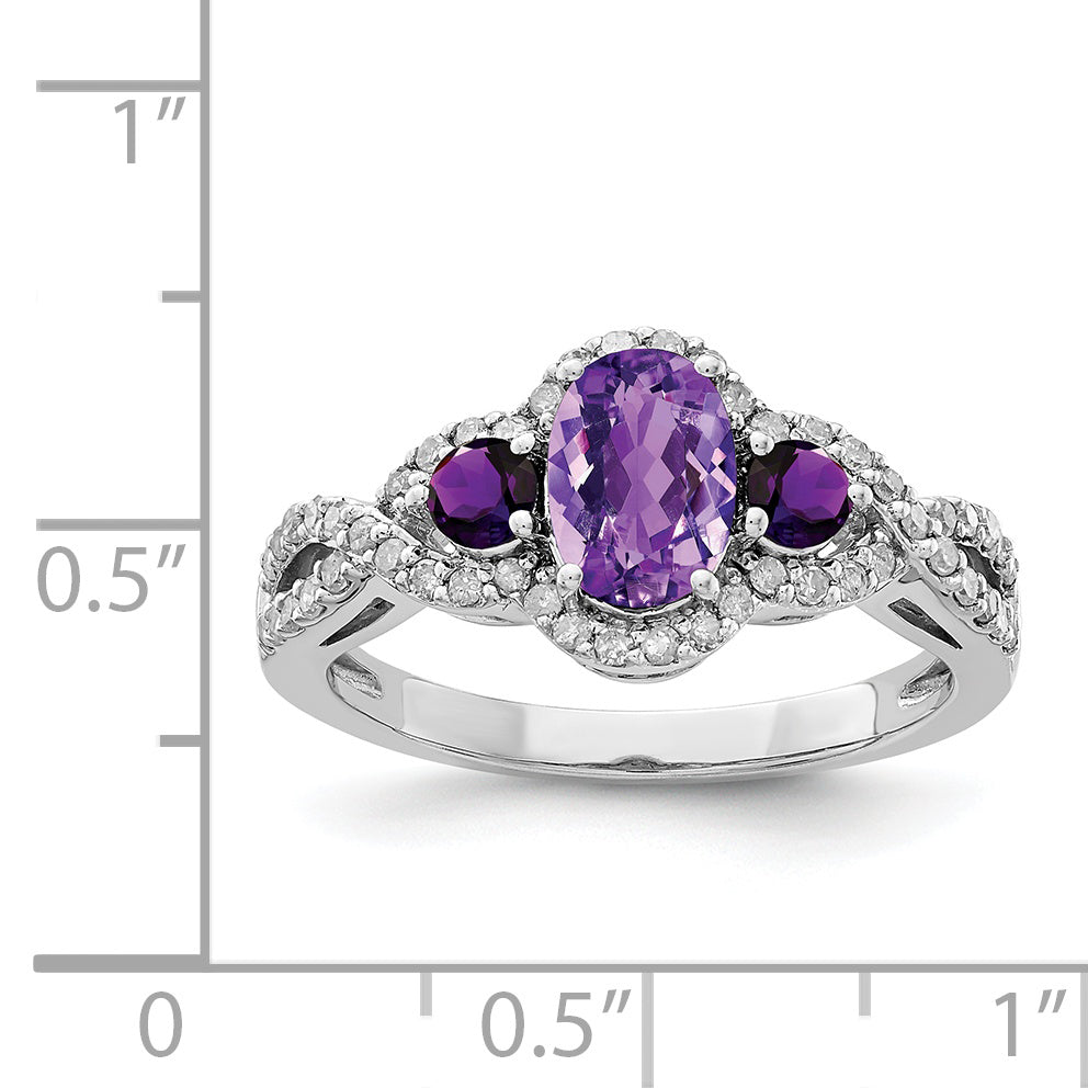 Sterling Silver Rhodium-plated Oval Amethyst & Diamond Ring