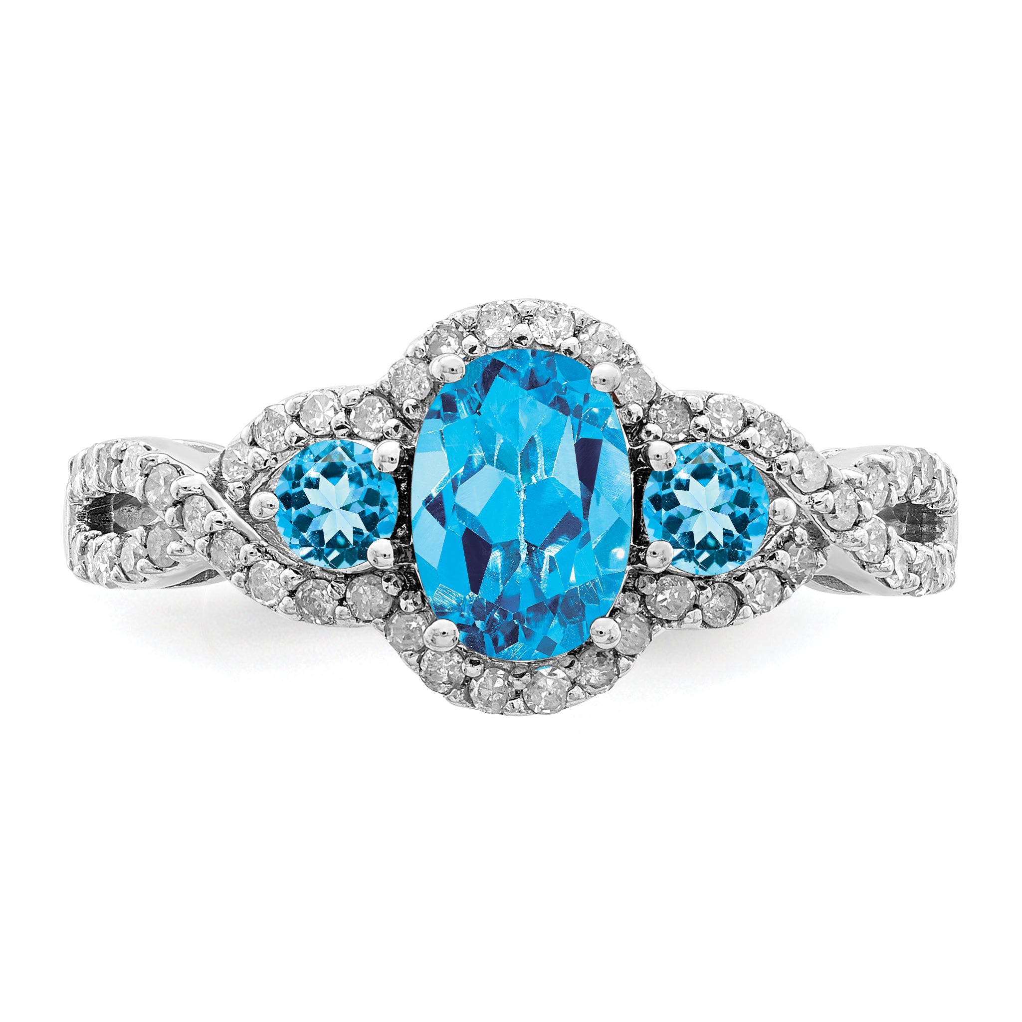 Sterling Silver Rhodium Oval Blue Topaz & Diamond Ring