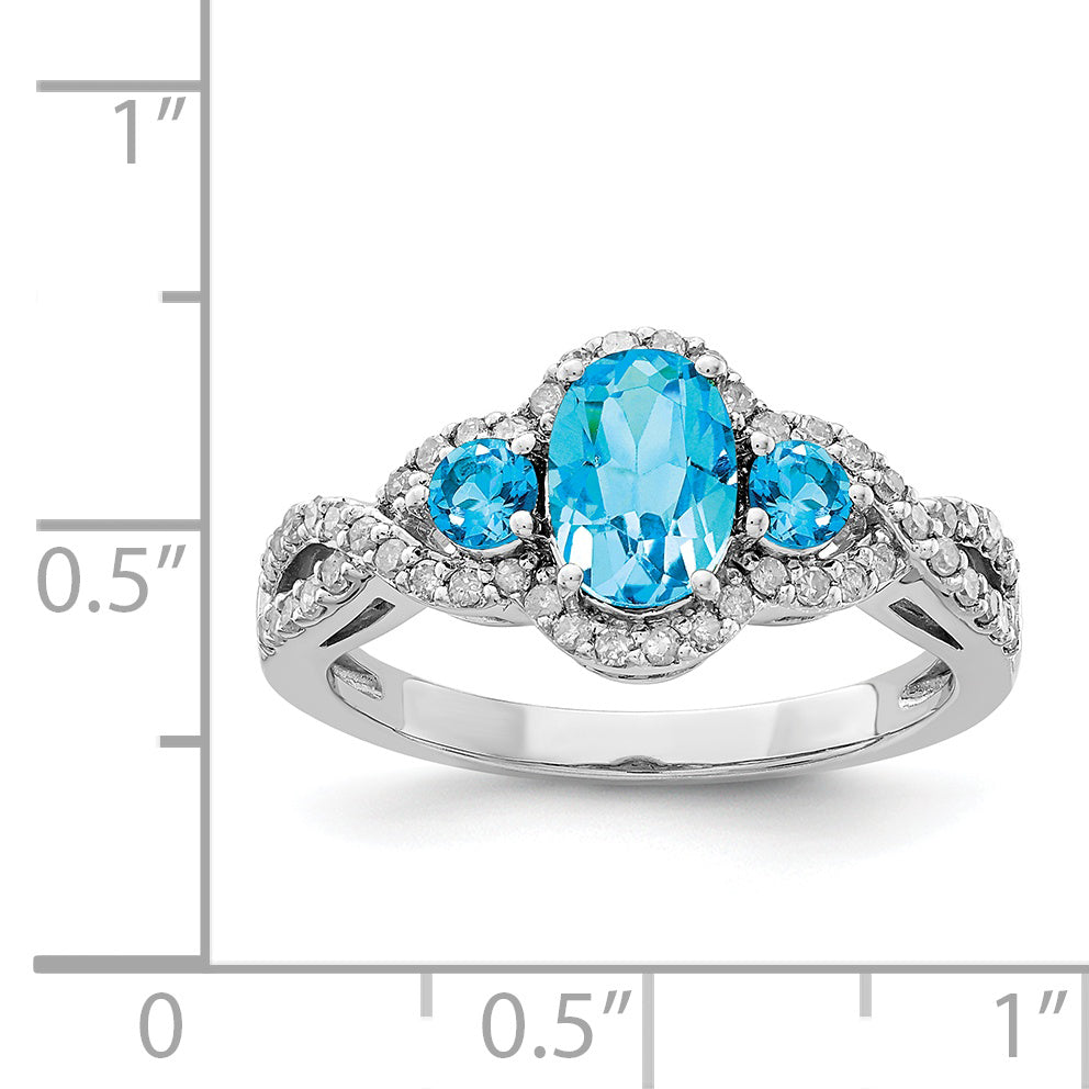 Sterling Silver Rhodium Oval Blue Topaz & Diamond Ring