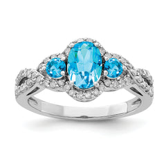 Sterling Silver Rhodium Oval Blue Topaz & Diamond Ring