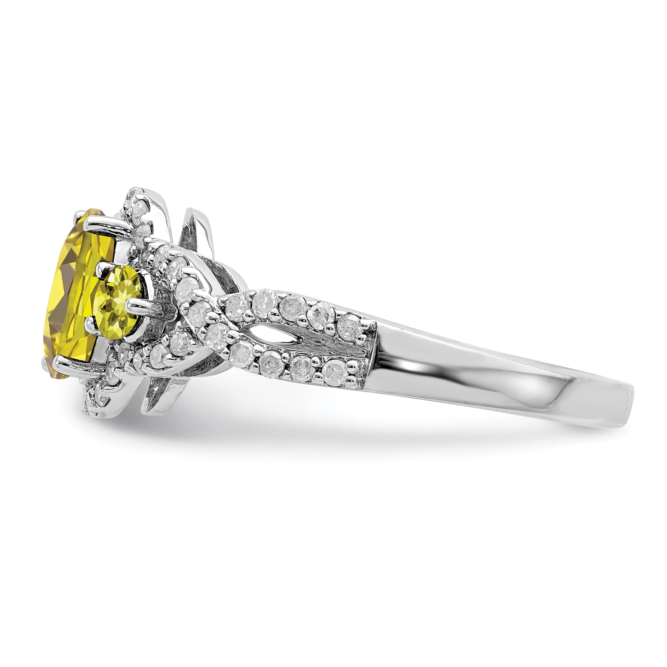 Sterling Silver Rhodium Oval Diamond & Lemon Quartz Ring