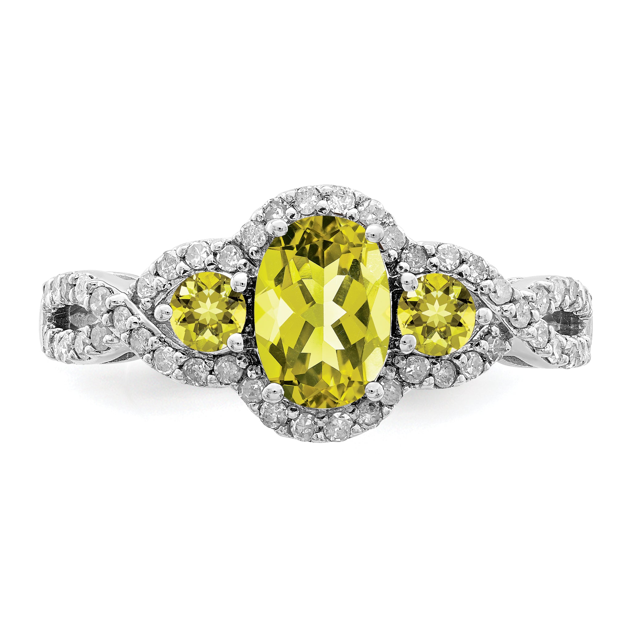 Sterling Silver Rhodium Oval Diamond & Lemon Quartz Ring