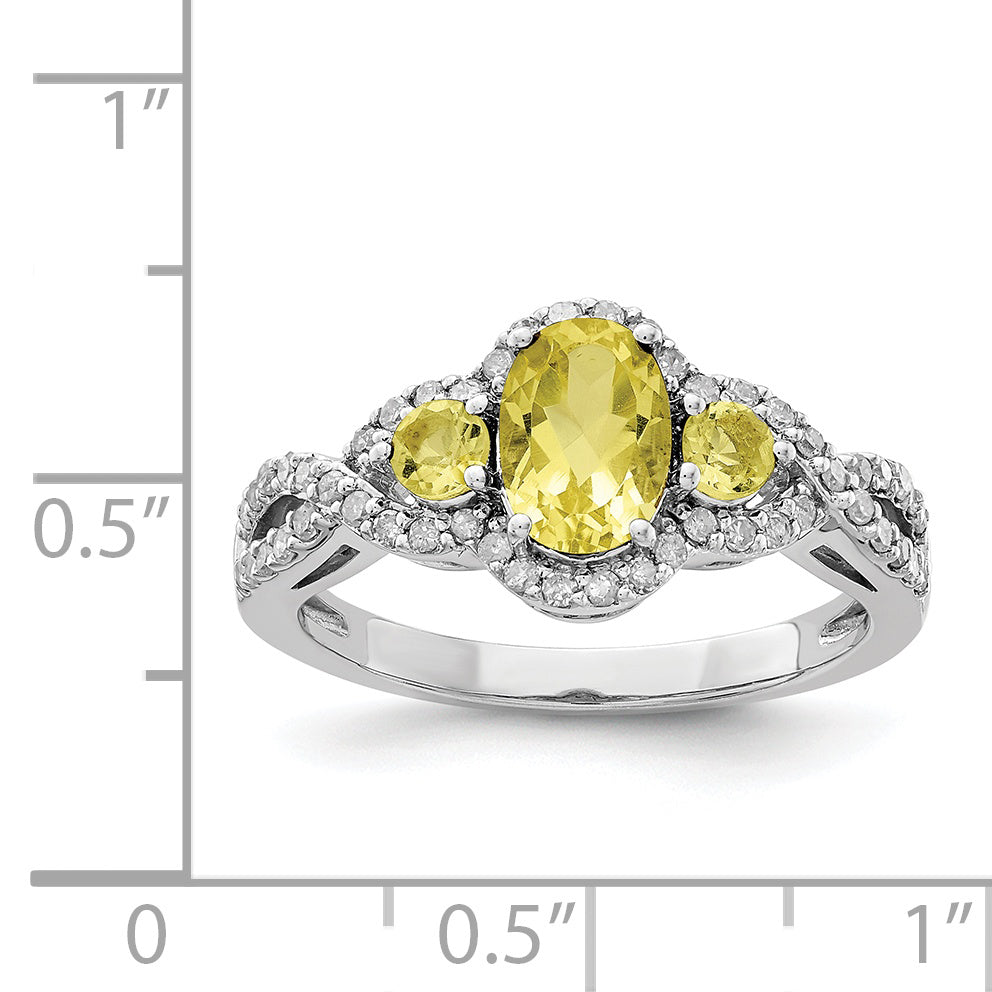 Sterling Silver Rhodium Oval Diamond & Lemon Quartz Ring