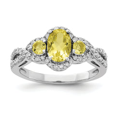 Sterling Silver Rhodium Oval Diamond & Lemon Quartz Ring