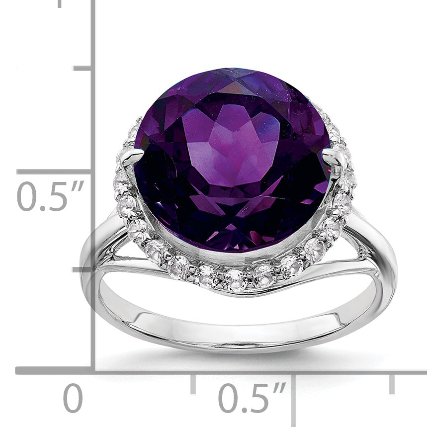 Sterling Silver Rhodium-plated White Topaz & Amethyst Ring