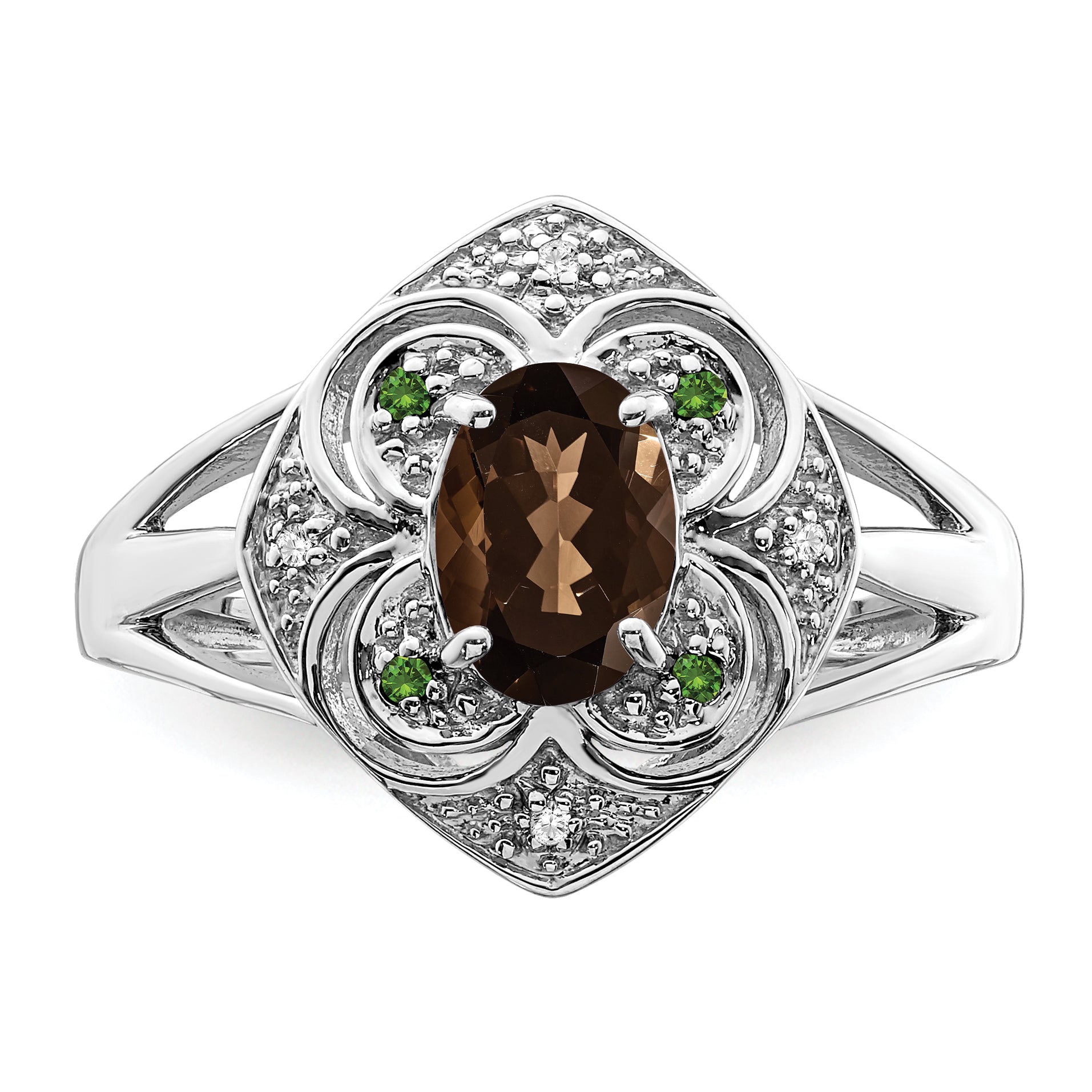 Sterling Silver Rhodium Oval Smoky Quartz & Diamond Ring