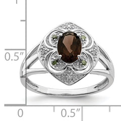 Sterling Silver Rhodium Oval Smoky Quartz & Diamond Ring