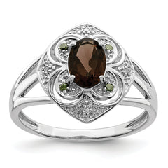 Sterling Silver Rhodium Oval Smoky Quartz & Diamond Ring