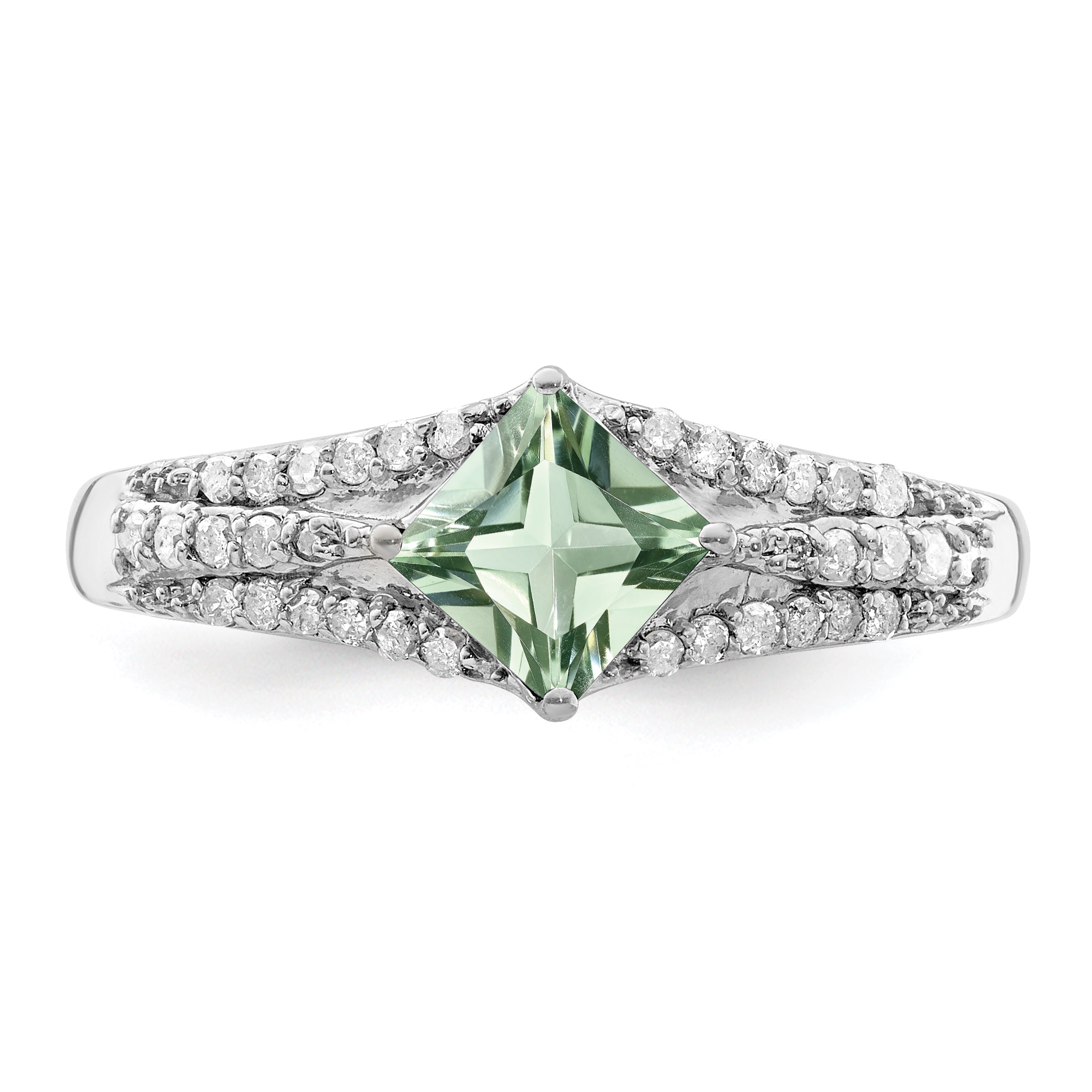 Sterling Silver Rhodium Green Quartz & Diamond Ring