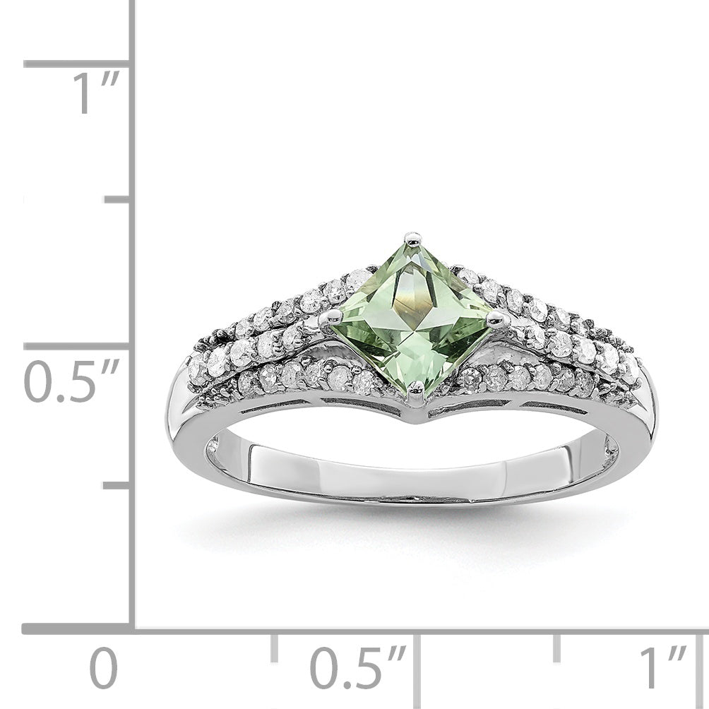 Sterling Silver Rhodium Green Quartz & Diamond Ring