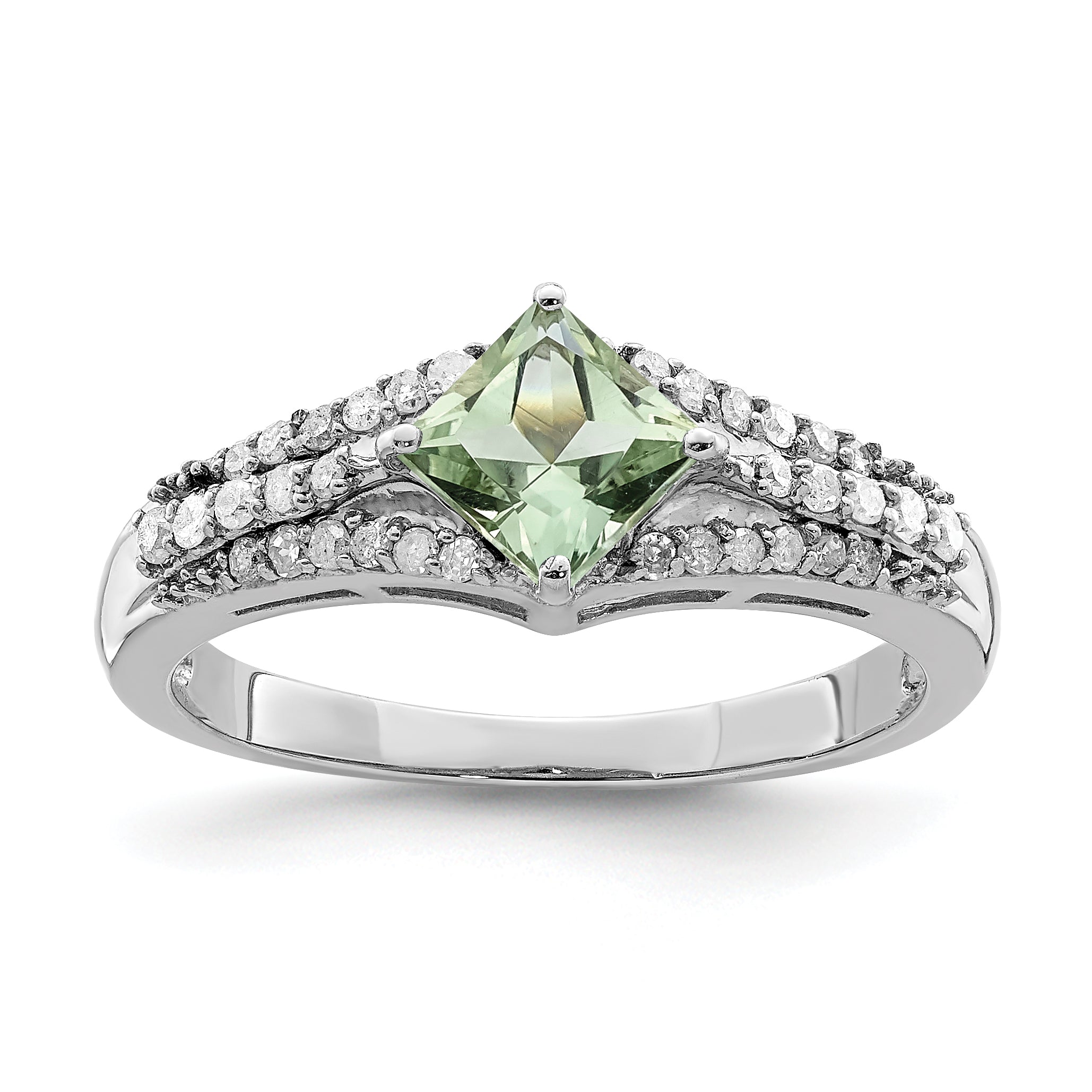 Sterling Silver Rhodium Green Quartz & Diamond Ring