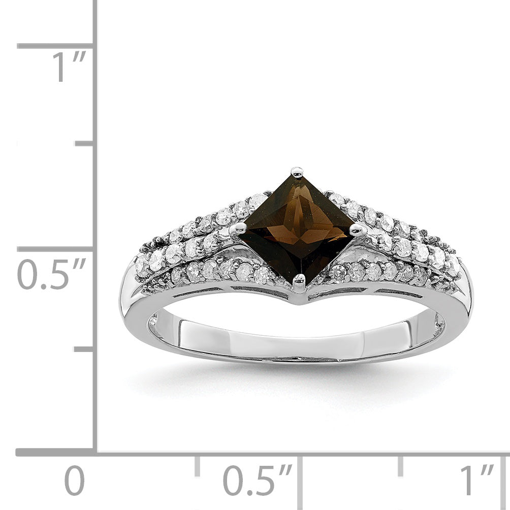 Sterling Silver Rhodium Smoky Quartz & Diamond Ring