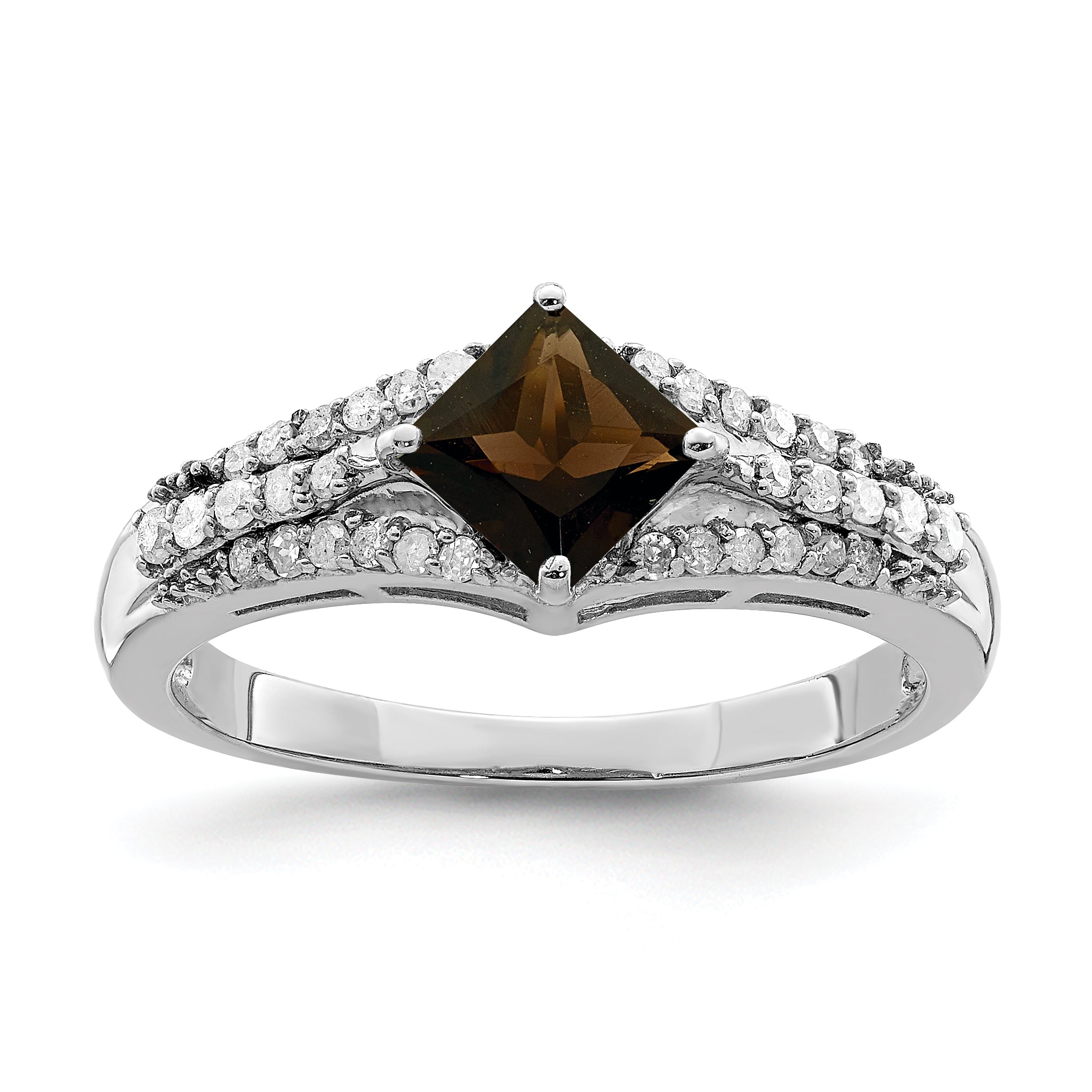 Sterling Silver Rhodium Smoky Quartz & Diamond Ring