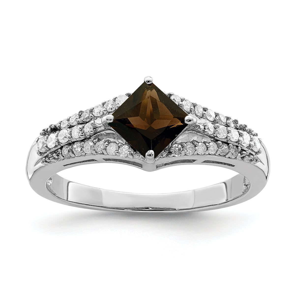 Sterling Silver Rhodium Smoky Quartz & Diamond Ring