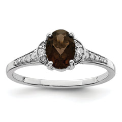 Sterling Silver Rhodium Smoky Quartz & Diamond Ring