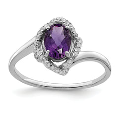 Sterling Silver Rhodium-plated Oval Diamond & Amethyst Ring