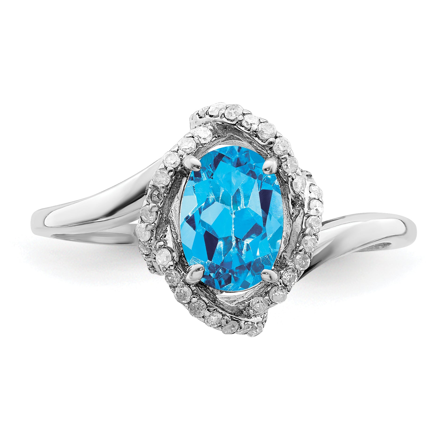 Sterling Silver Rhodium Oval Blue Topaz & Diamond Ring