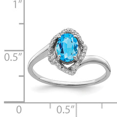 Sterling Silver Rhodium Oval Blue Topaz & Diamond Ring