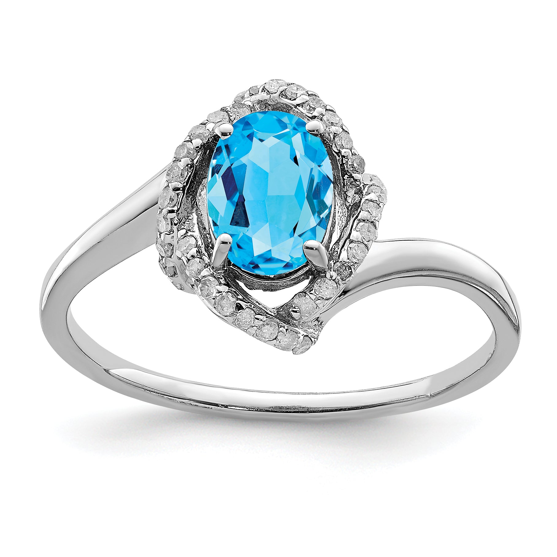 Sterling Silver Rhodium Oval Blue Topaz & Diamond Ring