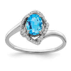 Sterling Silver Rhodium Oval Blue Topaz & Diamond Ring