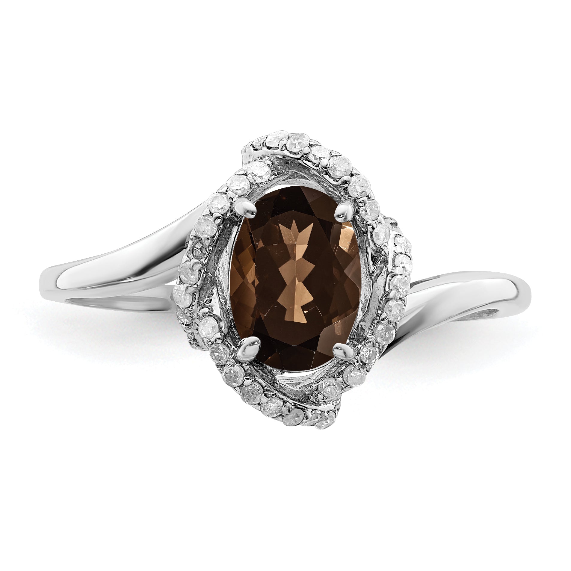 Sterling Silver Rhodium Oval Smoky Quartz & Diamond Ring