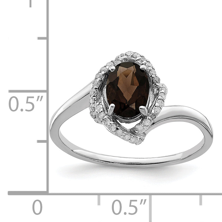 Sterling Silver Rhodium Oval Smoky Quartz & Diamond Ring