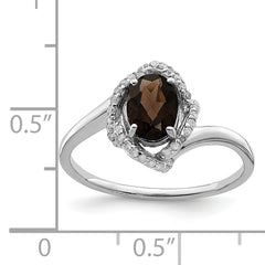 Sterling Silver Rhodium Oval Smoky Quartz & Diamond Ring