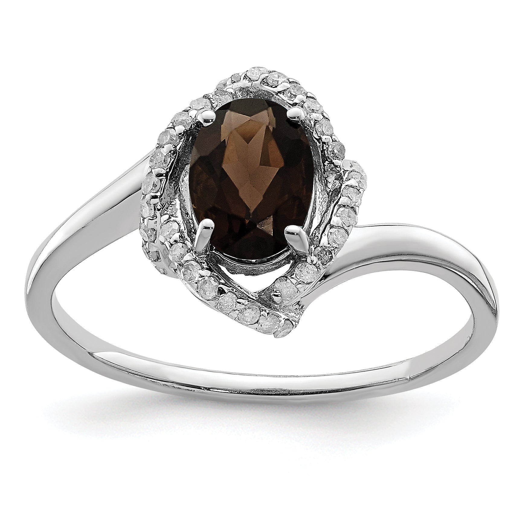 Sterling Silver Rhodium Oval Smoky Quartz & Diamond Ring