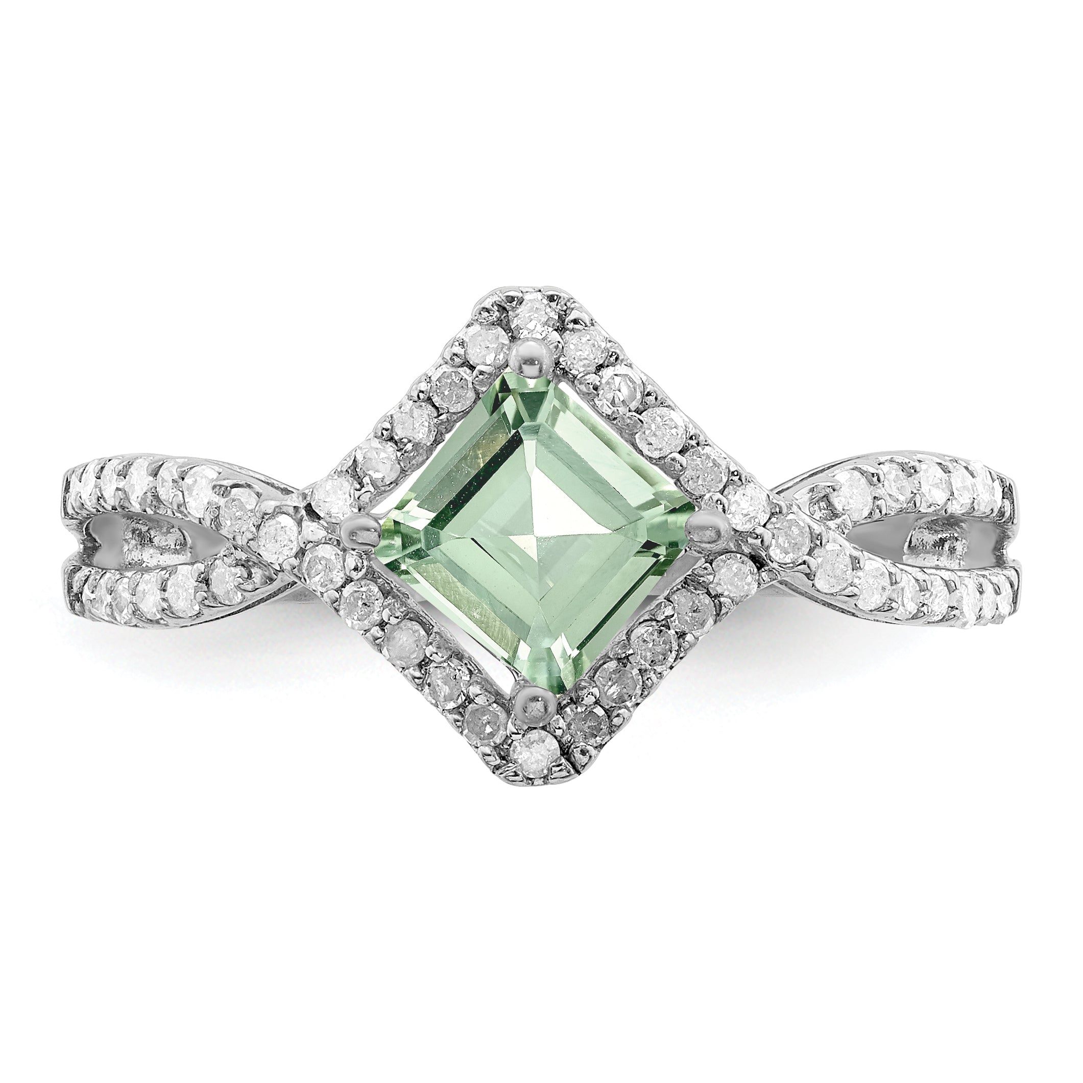 Sterling Silver Rhodium Green Quartz & Diamond Ring